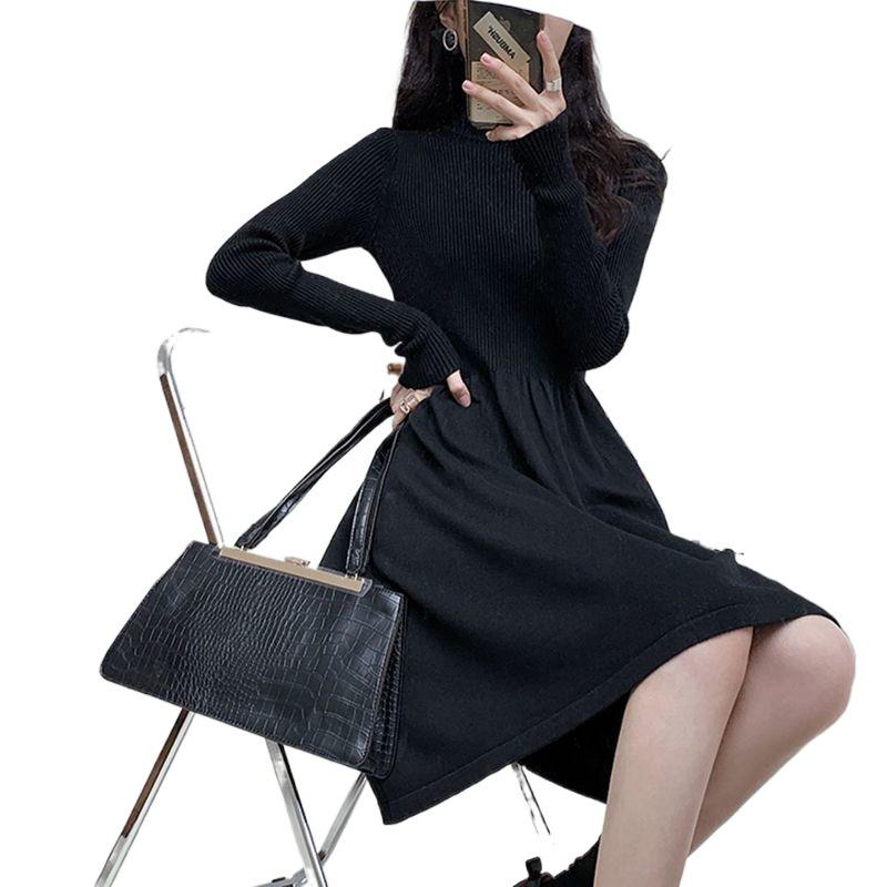 Hepburn Style French Wool Long Black Knit Dress for Women - Semi-High Neck, Perfect for Autumn and Winter.