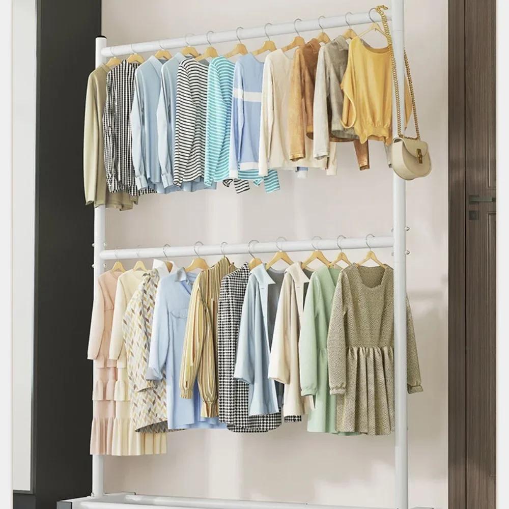 Simple Rolling Clothes Rack Floor Hanger Large Assembled Wardrobe Shoe Shelves Double Layers Coat Hanger Stand Home Furniture