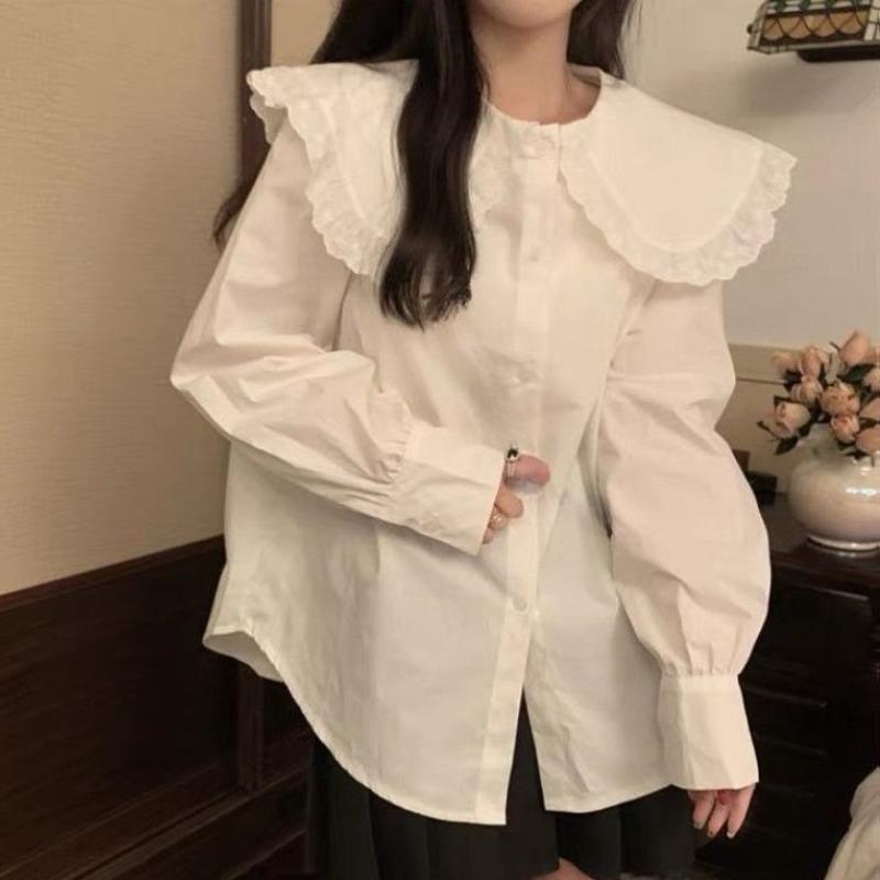 Solid Color Women's Shirt French Style Peter Pan Collar Single Breasted Female Long Sleeved Shirts Spring New Loose Sweet Ladies Front Open Top