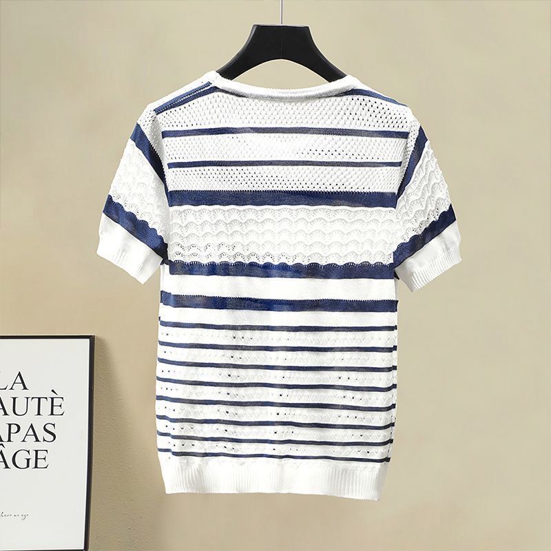 Summer Women's Round Neck Color Contrasting Thin Hollow Short Sleeve Knitted Shirt