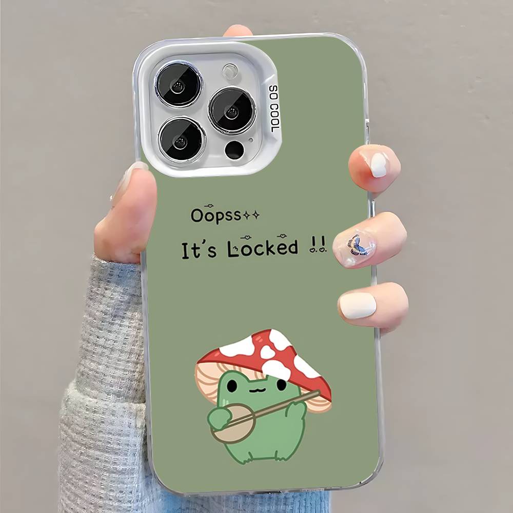 Mint Green The Frog Mushroom Phone Case For iPhone 16,15,14,13,12,11,Pro,XS,Max,Plus,Mini,SE White Candy Matte Shockproof Cover