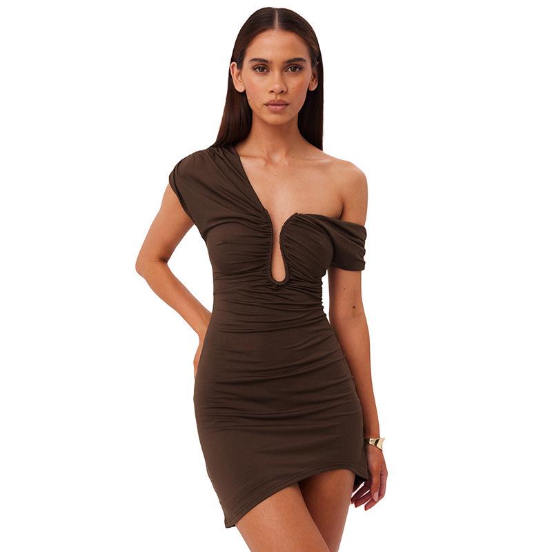 European & American Women s Sexy Off-Shoulder Sleeveless Slim Bodycon Dress Large коричневый