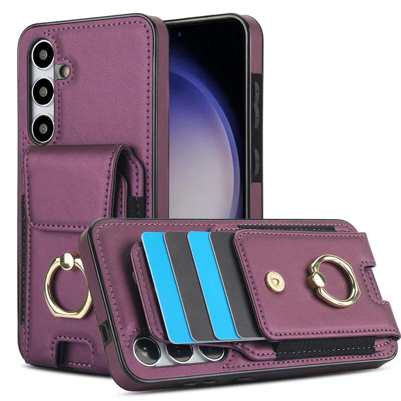 Ring Leather Wallet Card Phone Case for Samsung Galaxy S25 Edge S24 Ultra S23 Plus S22 S21 FE Note 20 10 Flip Stand Cover