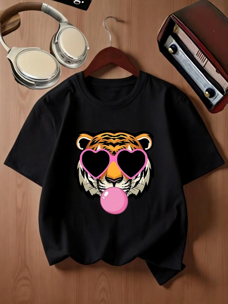 Cool Tiger Blowing Bubble Heart Glasses Print Kids T Shirt Boys Girls Family Matching Parent Child Summer Crew Neck Casual Tee