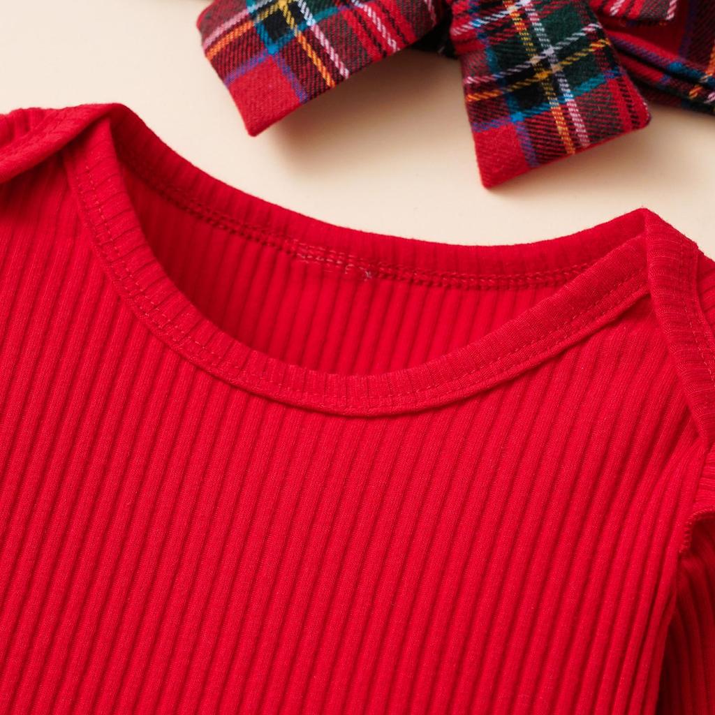 Dziewczynka stroje jesienne jednokolorowe prążkowane wycięcie pod szyją pajacyki z długim rękawem Ruffles Plaid spódnice z szelkami z pałąkiem na głowę 3 szt. Zestaw ubrań