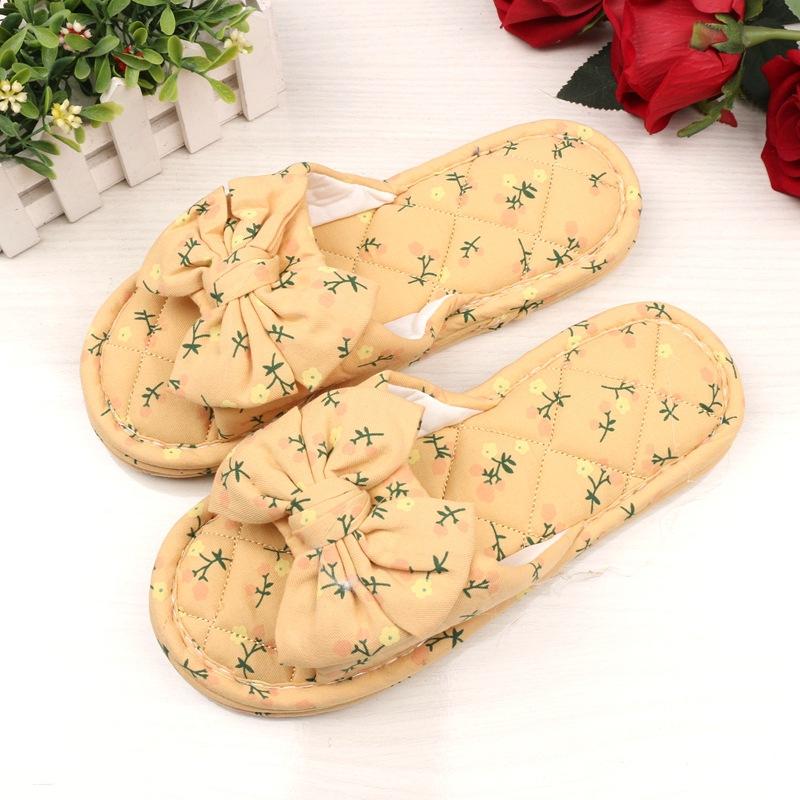 Broken flower bow women's rubber bottom three-layer thickened fabric slippers indoor wooden floor open slippers