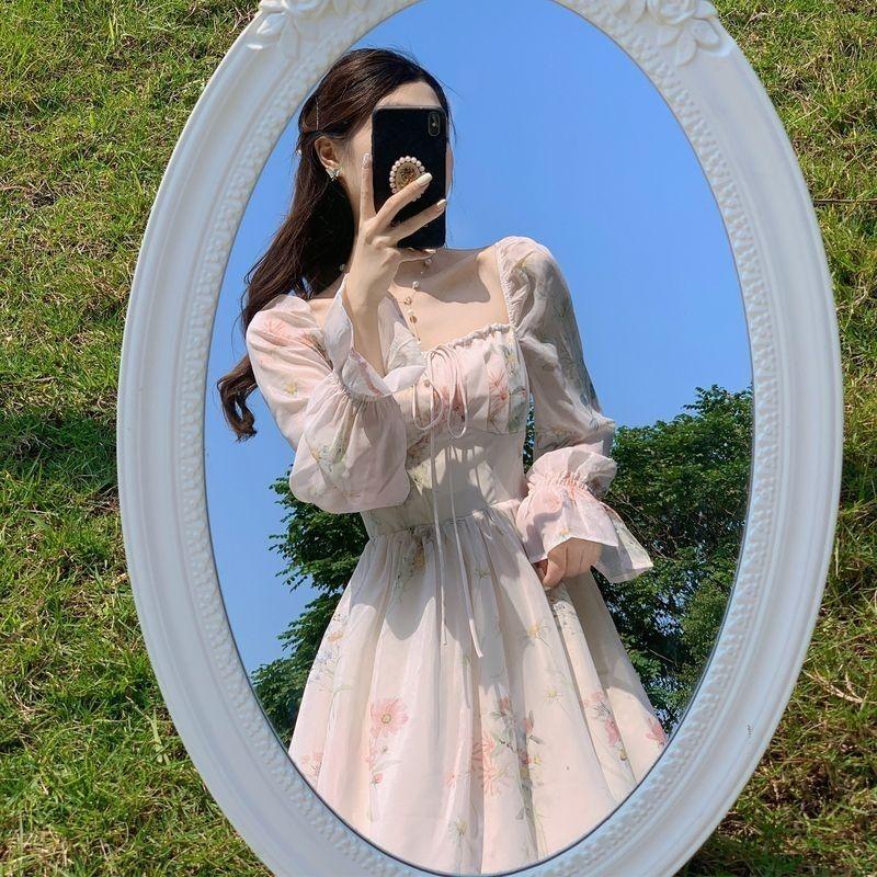 Autumn Women's Floral Chiffon Sweet Gentle Style Long Sleeve French Princess Dress
