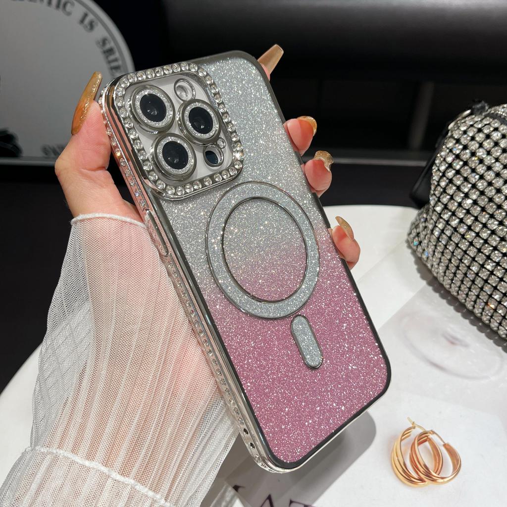 Plating Glitter Bling Diamond Camera Lens Protector Bumper Phone Case For iPhone 17 Air 16 15 14 Pro Max Samsung S25 S24 S23 Magnetic Protective Cover