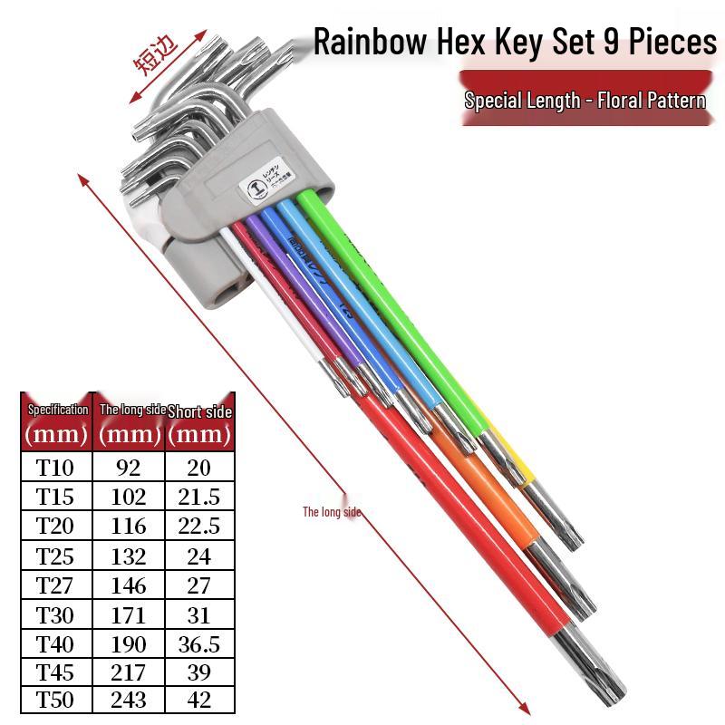 Industrial Color Hex Wrench Set: Chrome Vanadium Ball Head, Torx, Phillips, Star, Medium-Long, Foldable, Multi-Purpose.