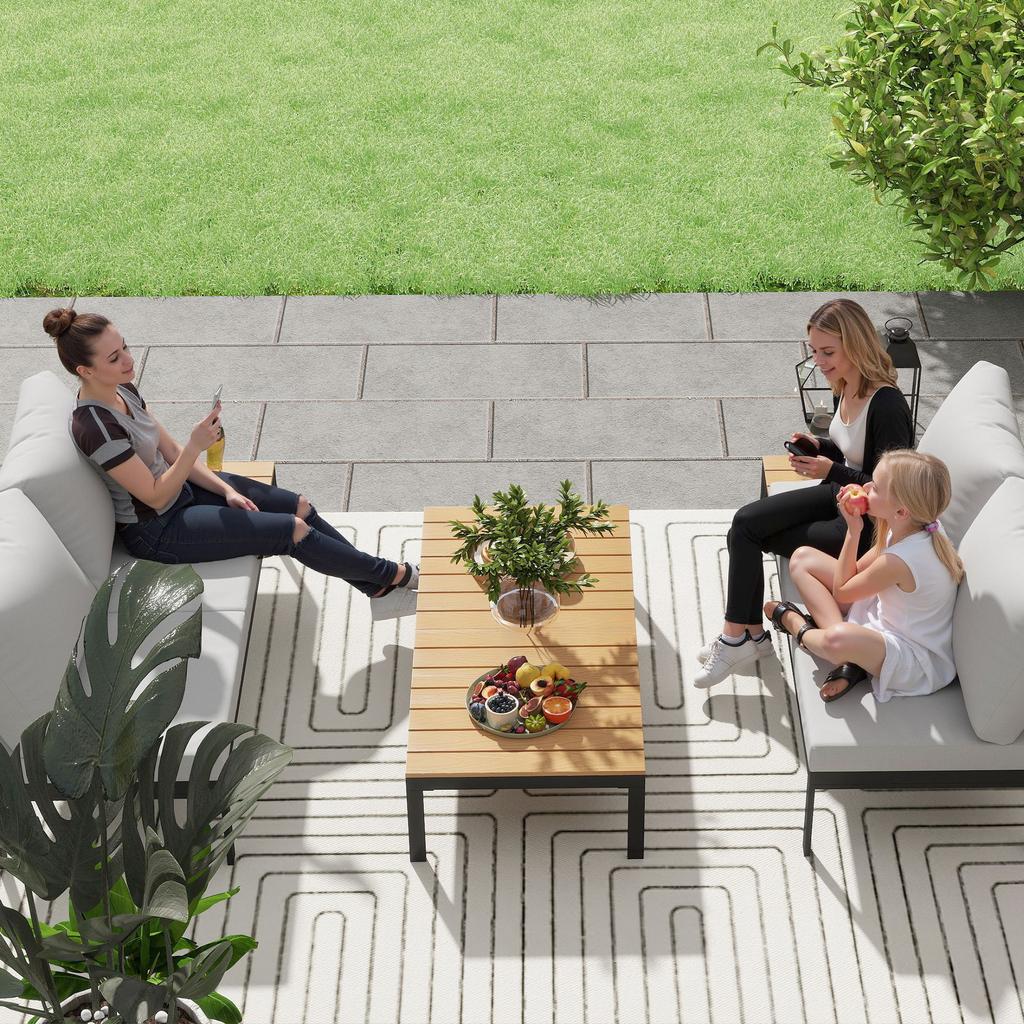 Garden Set 4 Pieces with 2 2-Seater Loveseats and 2 Coffee Tables In Metal and Composite Wood, Grey Black and Teak