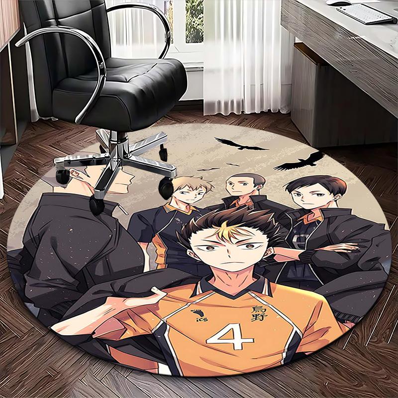 1pc Haikyuu Karasuno High Volleyball Team Round Carpet - Anime Design, Office Chair Mat, Non-Slip Rug, Suitable for Home Decor, Living Room