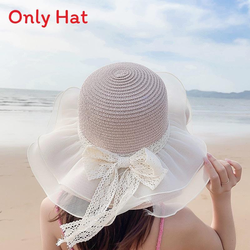 Kids Sun Protection Woven Straw Hat With Wide Brim For Beach Summer Holiday Dressup