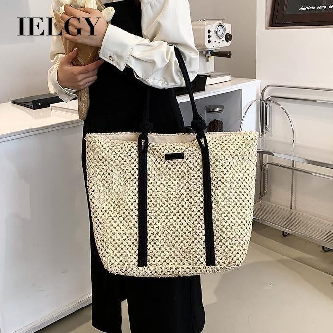 Ielgy Straw Beach Bag Women's Vacation Woven Tote Bag Large Size One-Shoulder Machine Woven Portable Straw Bag