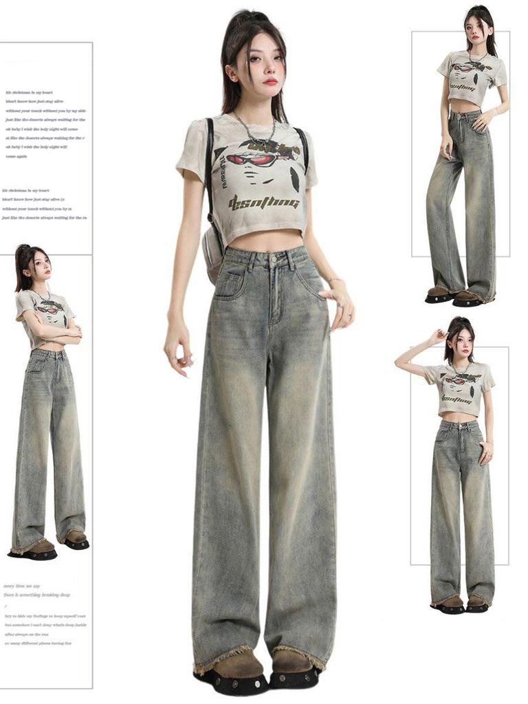 Women's Vintage High-Waisted Wide-Leg Jeans - Frayed, Plus Size, Slimming, Floor-Length, Retro Summer Style