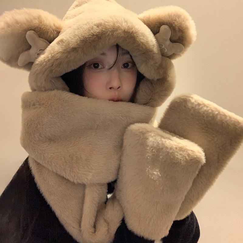 

Bear ears hat scarf integrated women s winter cute plush thickened warm scarf gloves three-piece set one size fits all
