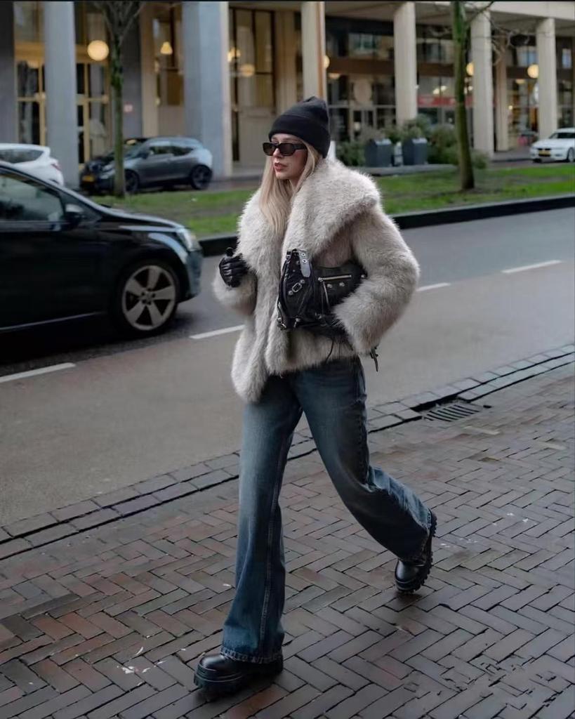 Palton de damă de înaltă calitate din blană ecologică cu rever mare – Stil celebritate inspirat de blana de vulpe