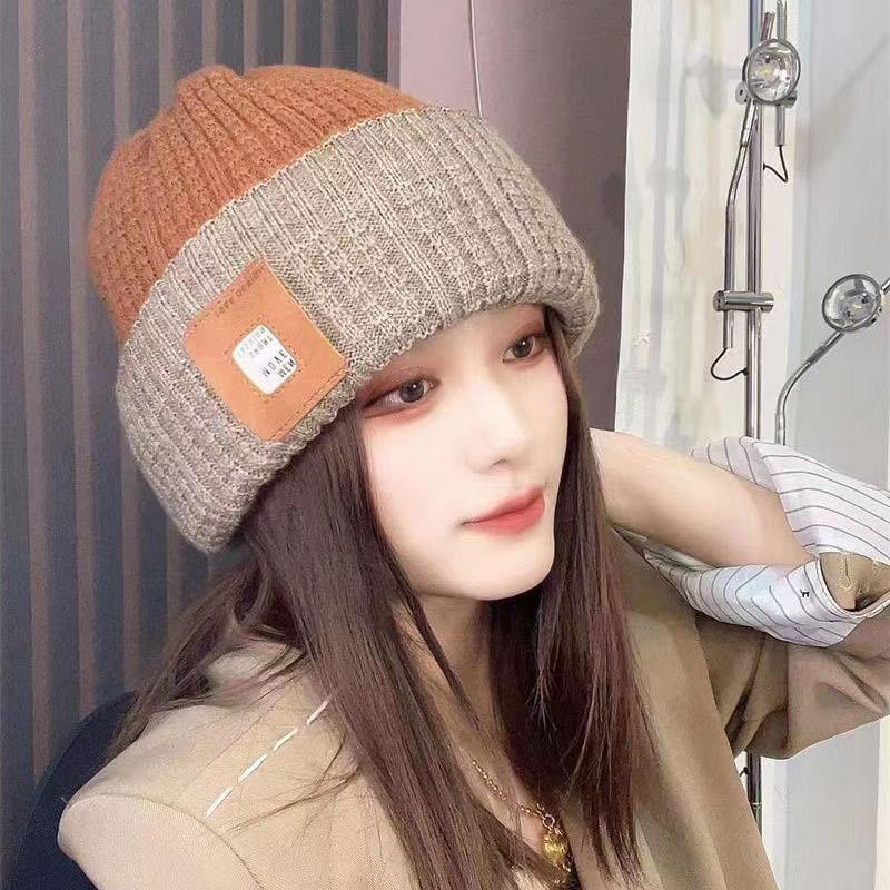 Winter Warm Ear Protection Hat For Women Baggy Slouchy Beanie  Color Block Woolen Pullover Cap Girl Pile Knit Hat