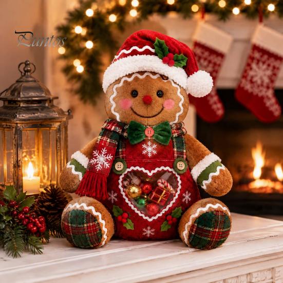 Plush Candy Storage Box Christmas Snack Bag, Clear Heart Window Doll with Back Zipper, Holiday Cookie Gift Soft Knitted Ornament Holder, Decorative