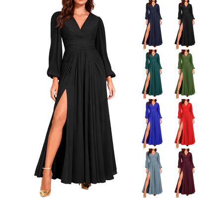 Women's Fashionable And Elegant Color V,Neck Slit Long Sleeve Pleated Long Dress