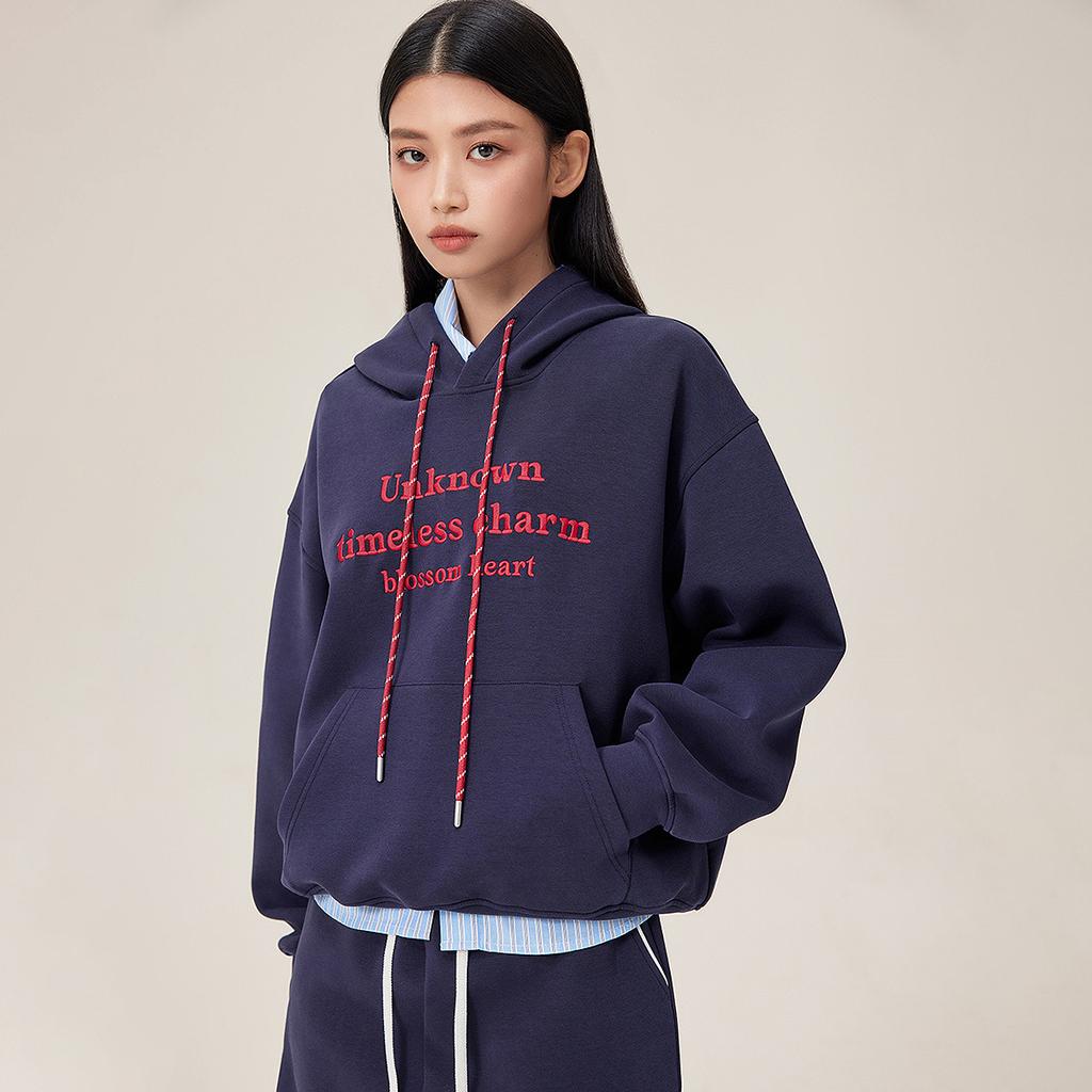 Anno letter embroidered hoodie women's winter hooded drawstring loose pullover top