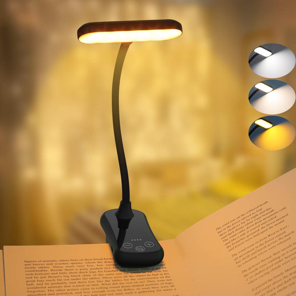 20 LED Clip Light, Rechargeable Reading Light, Touch Control, 3-Level Color Temperature Adjustment, Stepless Dimming, for Work, Reading, Bedroom,