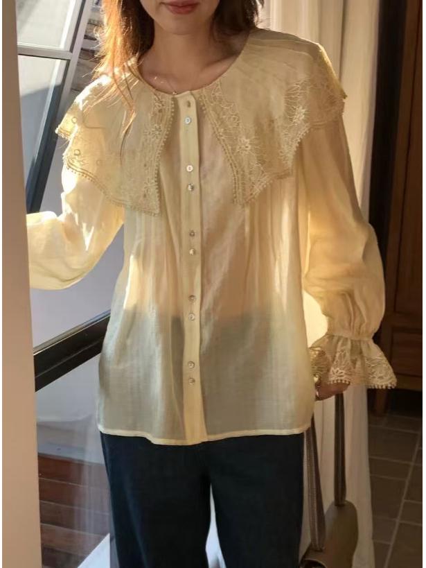 

Spring Korean Women s Embroidered Doll Collar Long Sleeve Shirt Small жёлтый/имбирный