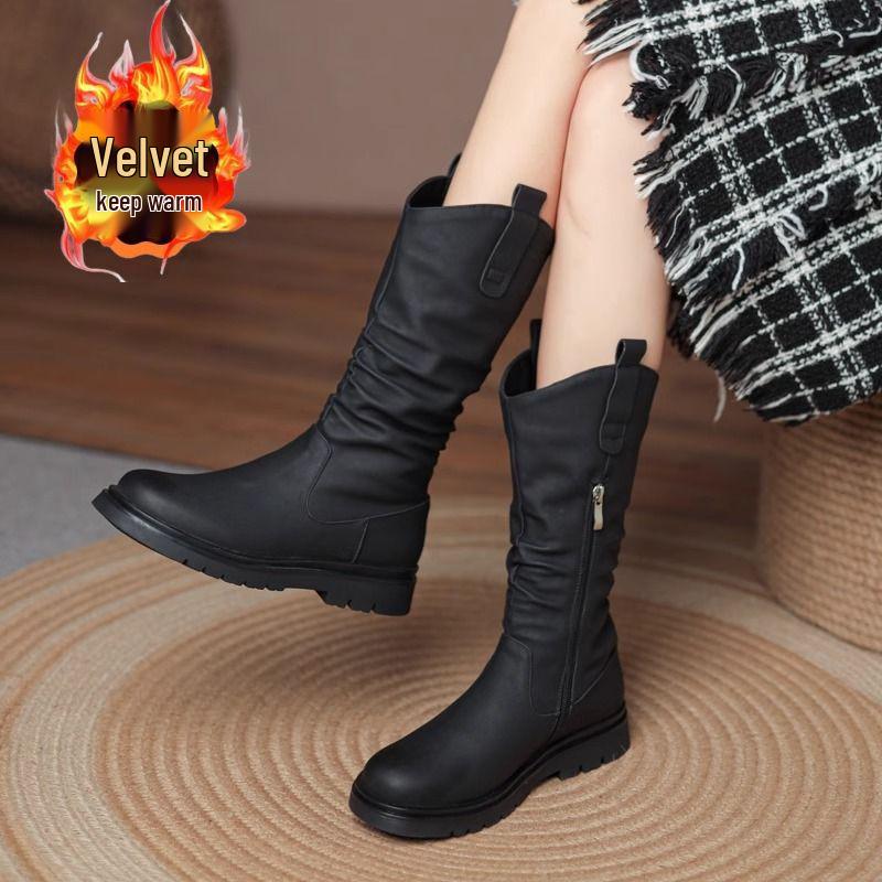 Dámské kozačky do půli lýtka s plochým podpatkem 2025 - Nový jarní a podzimní styl se sametovou podšívkou, ideální k sukním