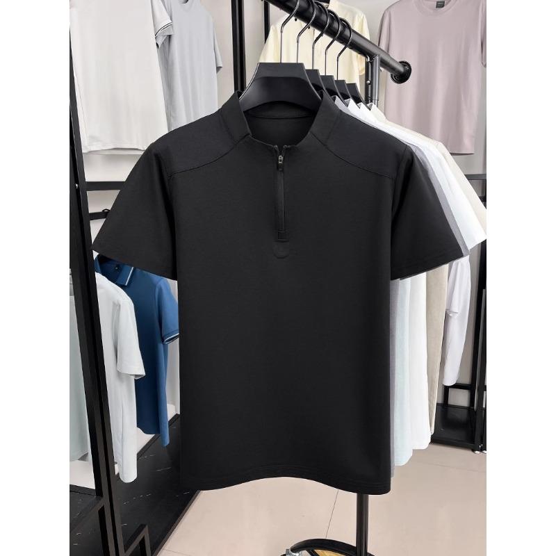 Men's Casual Stand Collar Short Sleeve Polo Shirt with Zipper Detail