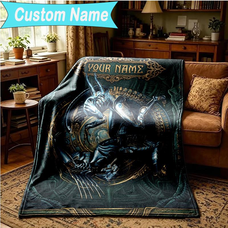 1PC Custom Name Blanket Alien Ornate Frame Flannel Blankets Patterns Throw Blanket All-Season Soft Gift for Couch, Bed, Camping, Birthday Gifts