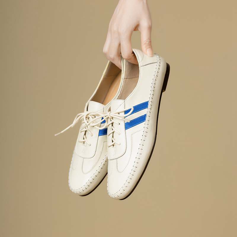 Krazing Pot Cow Skin Round Toe Size 43 Flat with Fashion Lace Up Leisure Handmade Comfortable Light Autumn Sneakers