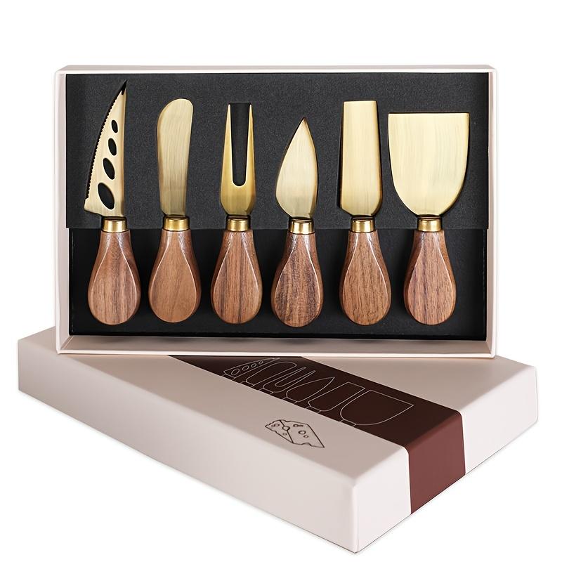 6pcs Color Boxed Walnut Handle Cheese Tool Set, Western Style Knife, Fork, Butter Scraper, Stainless Steel Cheese Knife