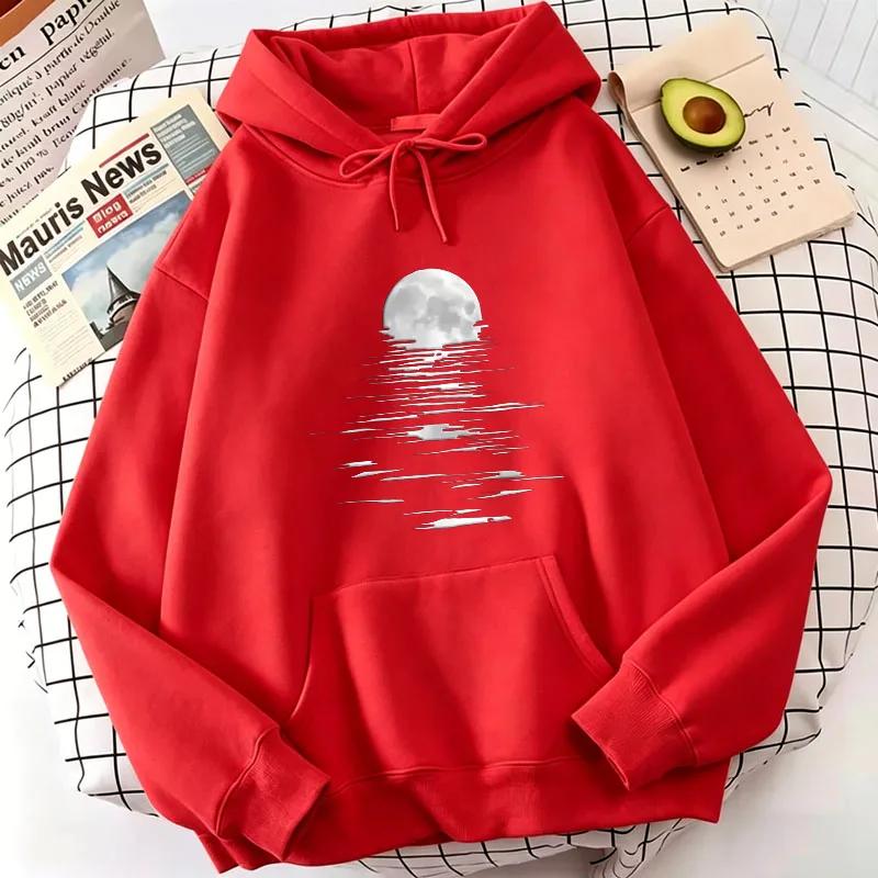 2026 Retro Moon Graphic Printed Women Hoodie Loose Soft Spring Autumn Winter Casual Sweatshirt Women Long Sleeve Pocket Pullover