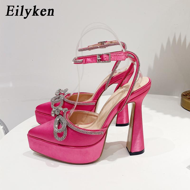 Fashion Eilyken Runway Style Brand High Heels Women Pumps Fashion Butterfly-knot Crystal Pointed Toe Platform Chunky Party Prom Shoes