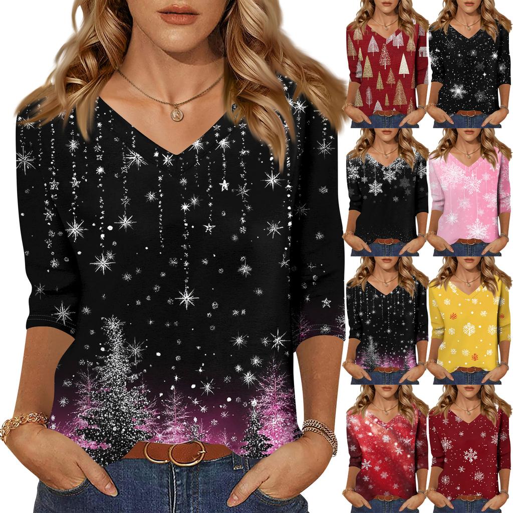 Women's T Shirt CHristmas Print 3/4 Sleeve Daily Weekend Fashion Basic V- Neck Regular Top