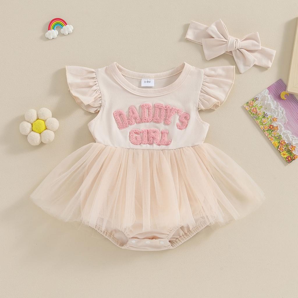 Baby Girl 2 Piece Outfits Letter Embroidery Mesh Romper Dress and Headband Cute Fashion Summer Clothes