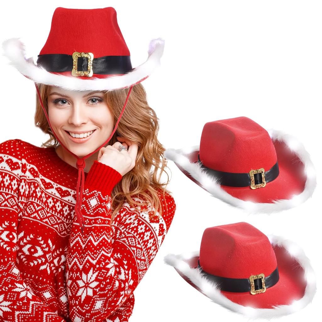 Fluffy Santa Claus Party Christmas Luminous Cowboy Hat Western Red Felt Hats Wide Brim Cowgirl Hat Jazz Hat for Women Men