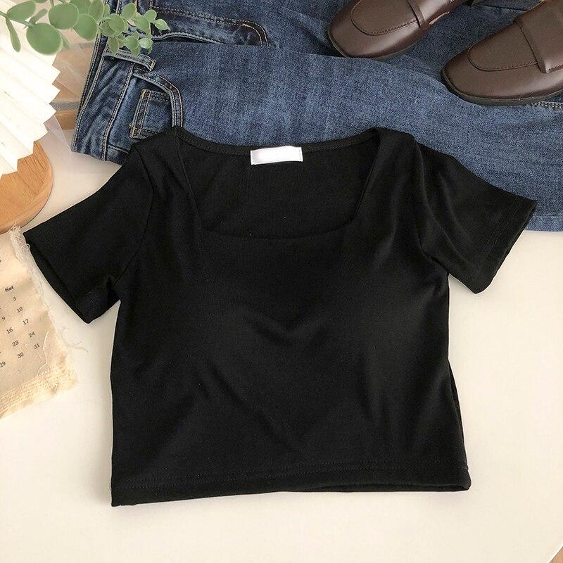 

ITOOLIN укороченный топ со встроенным бюстгальтером, женская хлопковая однотонная футболка с круглым вырезом, летние повседневные женские облегающие топы с короткими рукавами 2023 One Size чёрный