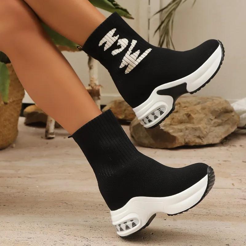 Fashion Women's Knitted Boots Thick-soled Slip-on Breathable Women Boots Are Fashionable Casual and Smooth