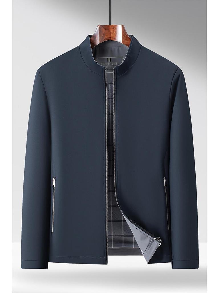 Men's Solid Color Stand Collar Zipper Jacket - Business Casual for Middle-aged and Elderly