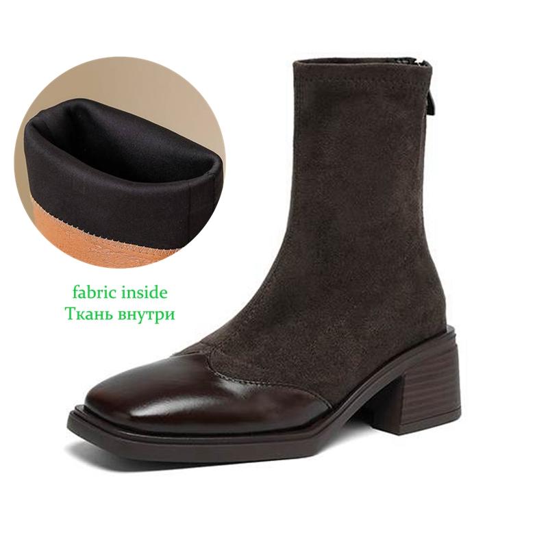 Krazing Pot Microfiber Flock Winter Square Toe Modern Size 33 Boots Size 43 Zipper KPOP Style Fashion Stretch Ankle Boots