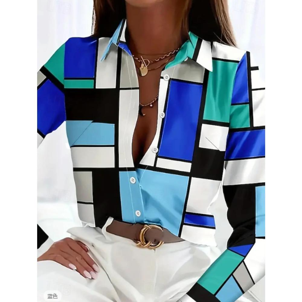 Geometric Print Women Blouse Spring Autumn Femme Office Lady Button Up Turn Down Collar Shirts