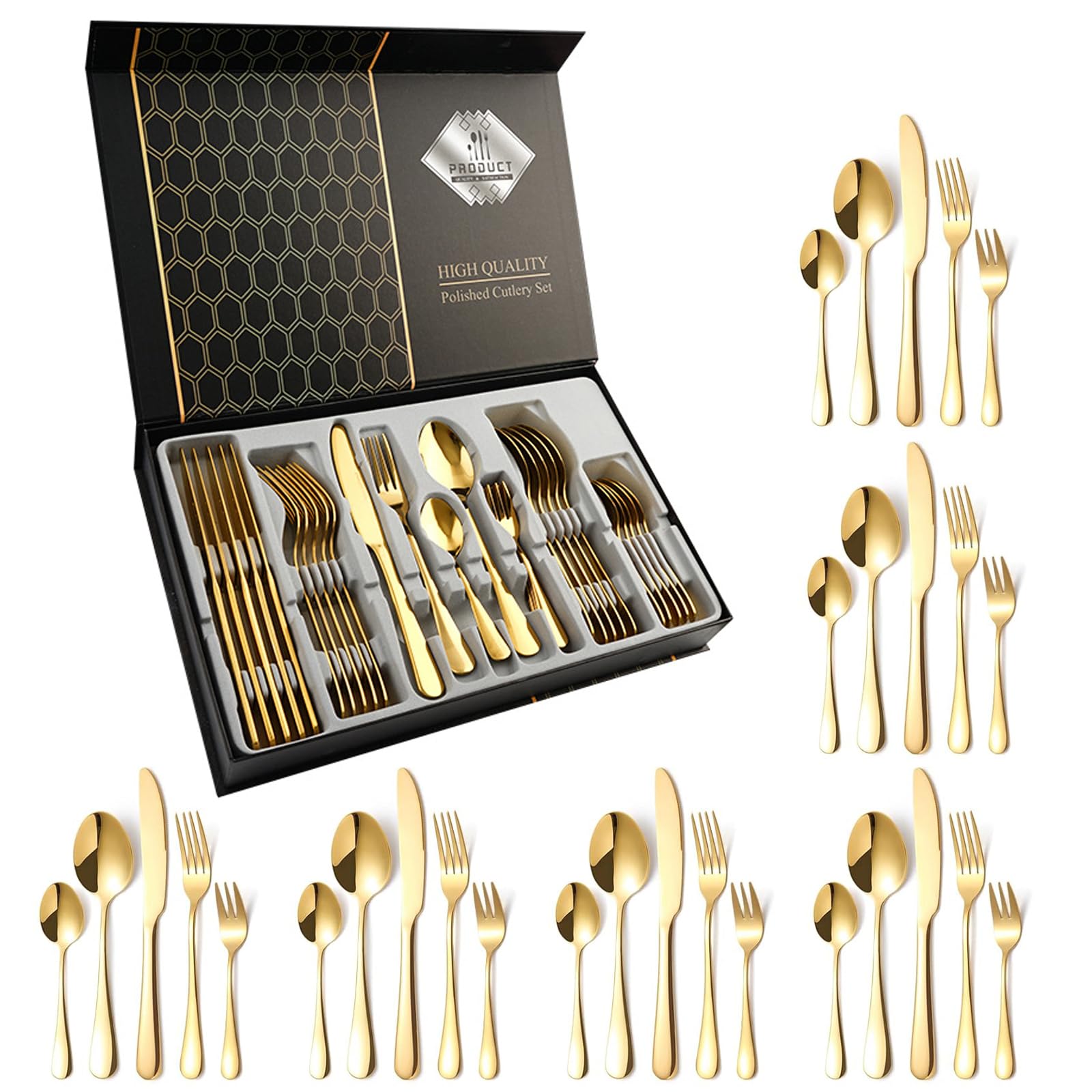 

Столовые приборы Qecyd из нержавеющей стали, блестящая посуда, ящик для хранения, фруктовые приборы, скандинавские, западные, для посудомоечной машины, подарочная коробка в комплекте, полированный набор, 30 предметов