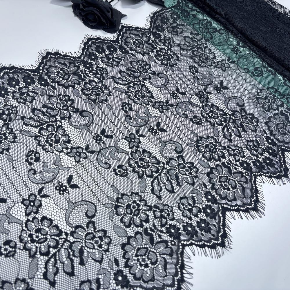 French Chantilly Lace, 3m x 37cm, Non-stretch Black Eyelash Lace Fabric for Lingerie, Underwear, Dress, Sewing & Crafting