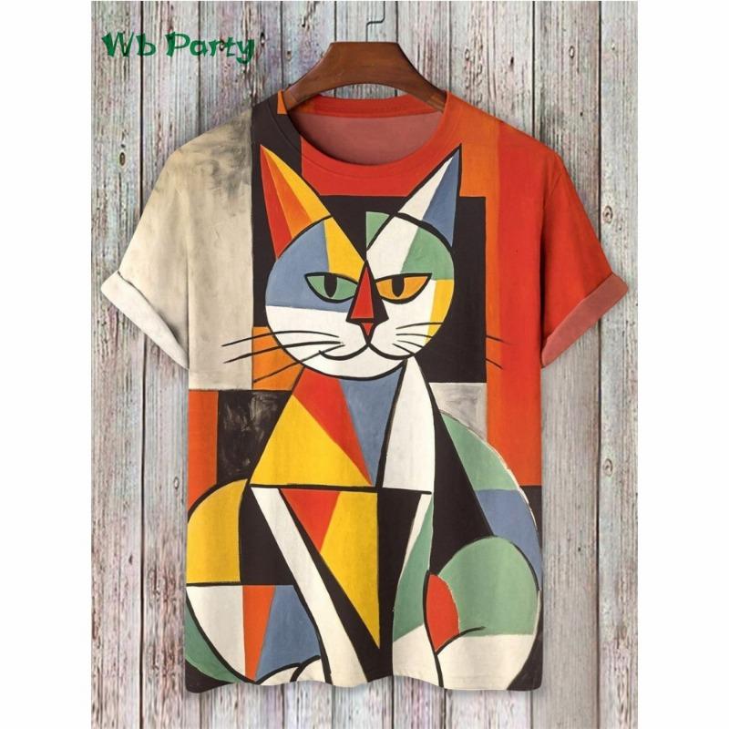 Funny Cartoon Cat Print Men s T-Shirt Fashion Stylized Art Casual Short Sleev XXS