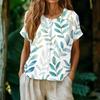 Damen Vintage Knopfleiste Bluse Kurzarm Henley-Kragen Lässig Bedrucktes Hemd Leicht Entspannter Schnitt Top