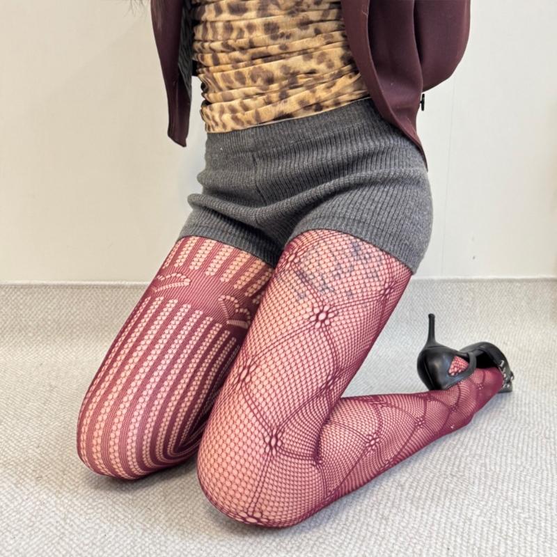 Womens Aesthetic Hollowout Fishnet Mesh Tights Stockings Asymmetrical Argyle Floral Heart Lace Patterned Sheer Pantyhose