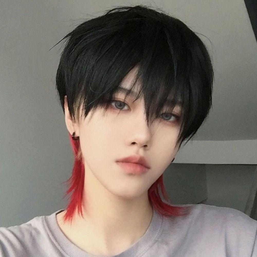 Highlights Long Cosplay Wig Synthetic Anime Men Wigs Wolf Tail Mullet Head Wigs with Bangs Boy