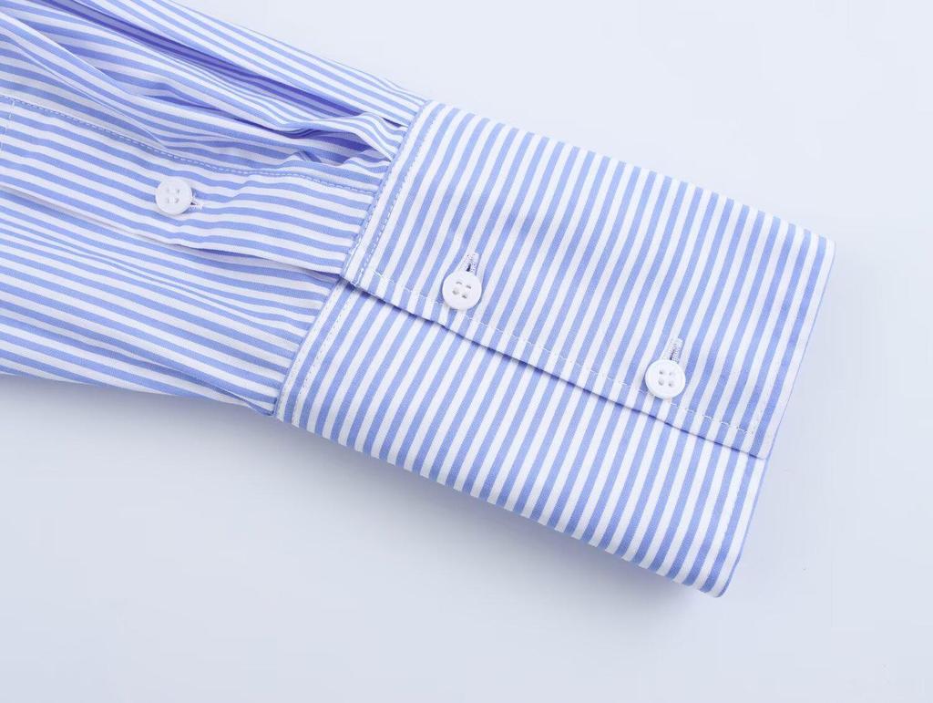 2025 Spring/Autumn Floral Print Blue Striped Loose Fit Long Sleeve Shirt with Turn-Down Collar