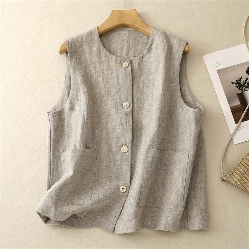 

Spring and Summer Solid Color Retro Cotton and Linen Casual Loose Sleeveless Vest Vest Women S бежевий