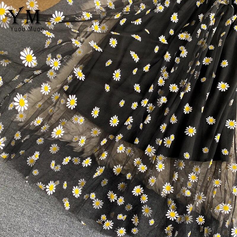YuooMuoo Koreanische Mode Daisy Blume Drucken Mesh Party Kleid Sommer Zwei Schichten Spaghetti Strap Urlaub Midi Kleid Strand Vestidos